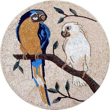 Mosaic Art Medallion, Macaw And White Parrot, 24"x24"