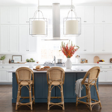 Kitchen Design Dallas – Blue Island with Woven Bar Stools | Lark Interiors