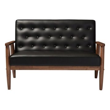 Sorrento Retro Upholstered Wooden 2-Seater Loveseat, Black Faux Leather