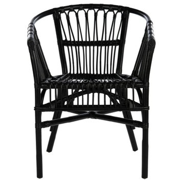 Set of 2, Contemporary Accent Chair, Rattan Frame and Curved Back, Black