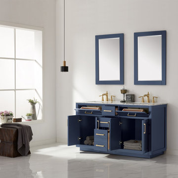 Ivy 60" Double Bathroom Vanity Set in Royal Blue and Carrara White Marble Counte
