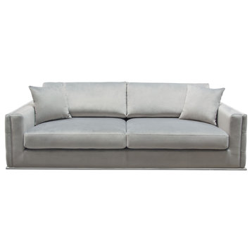 Sofa, Platinum Gray Velvet With Tufted Outside Detail and Silver Metal Trim