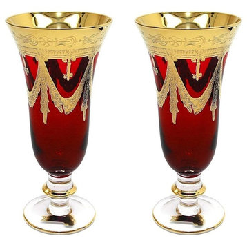 Interglass Italy Set of 2 Crystal Glasses, Gold-Plated (Champagne Flutes, Red)
