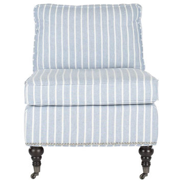 Unique Accent Chair, Patterned Linen Seat With Piping Trim Accent, Blue/White