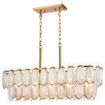 Elk Home - Curiosity 5-Light Linear Chandelier - Classic design notes and modern glam create this unique statement piece. The Curiosity linear chandelier features two tiers of clear glass plates that diffuse the light from five bulbs. Made from steel, the framework and suspension chains of this piece have a golden, aged brass finish, adding to its luxe appeal. The Curiosity linear chandelier is the ideal choice for adding a twist of charm and character to a glamorous dining area or social setting. Other lighting options are available within the Curiosity collection.