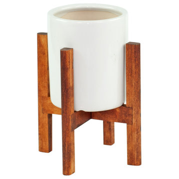 Small Modern Ceramic Cylinder Pot 5'' White With Plant Stand Walnut Color