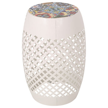 Khari Indoor Lace Cut Side Table With Tile Top, White/Multi-Color