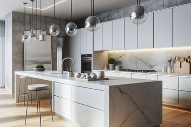 Idee per una grande cucina contemporanea con lavello da incasso, ante lisce, ante bianche, top in quarzite, paraspruzzi in gres porcellanato, pavimento in legno massello medio, pavimento marrone e soffitto ribassato