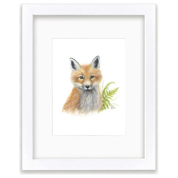 "Woodland Littles 2" Fox Framed Print, With Mat, White, 18x24