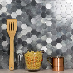 Abolos - Peel & Stick 12"x12" Aluminum Metal Hexagon Mosaic Tile,Silver, Set of 22 - Wall And Floor Tile
