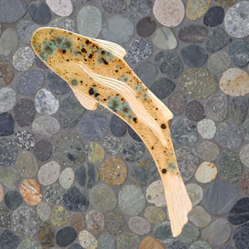Dark Ocean sliced pebble, rock, and stone shower floor with Golden trout fish sh