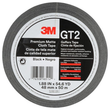 3M Gt2 Premium Matte Cloth Gaffers Tape, Black, 1.88"X54.6 Yd