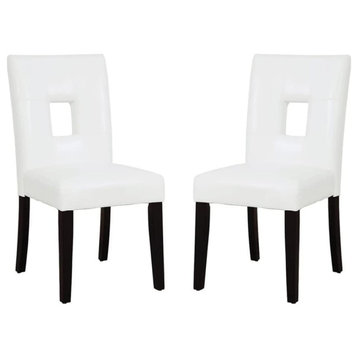 Set of 2 Dining Chair, Faux Leather Seat & Back With Open Square, Glossy White