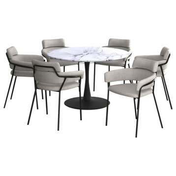 7-Piece Dining Set, Faux Marble and Black Table With Gray Chair