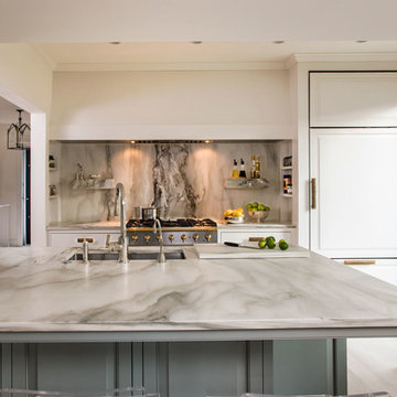 Calacatta Gold Marble Kitchen Countertops and Full Height Backsplashes