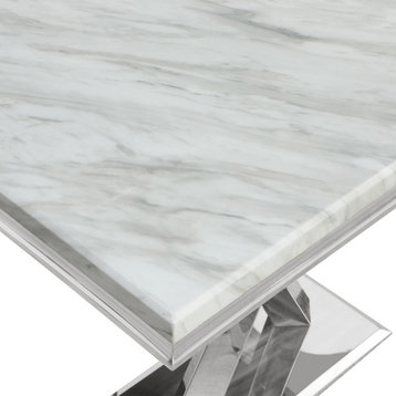 Leona White Rectangular Faux Marble Dining Table, Silver
