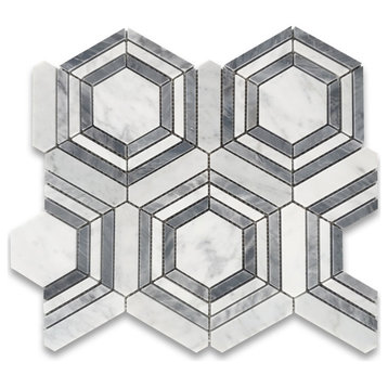 Carrara White Gray Marble Hexagon Georama Geometric Mosaic Tile Honed, 1 sheet
