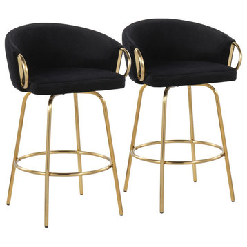 Claire 26" Fixed Height Counter Stool, Set of 2, Gold Steel, Black Velvet