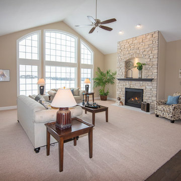 Sunny great room with cozy fireplace