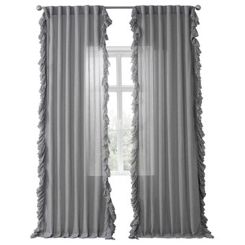 Nickel Faux Linen Ruffle Sheer Curtain Single Panel, 50W x 108L