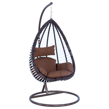 LeisureMod Outdoor Patio Hanging Hammock Wicker Egg Swing Lounge Chair, Brown