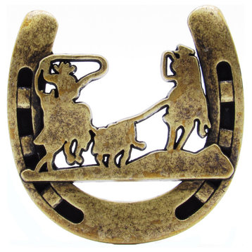 Cowboys Roping Calf Horseshoe Knob, Brass