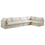 Meridian Furniture - Jacob Velvet Upholstered 5-Piece L-Shaped Modular Sectional, Cream - Create the ideal seating arrangement for your space when you pick and choose the elements you like mostincluding this Jacob velvet modular sectional. Mix and match items in the Jacob collection to bring your living space or family room together with a personalized slant. Soft cream velvet upholstery is soft and welcoming to the touch, adding a luxurious feel to everyday seating. Deep channel tufting adds to the piece's durability, and latches underneath the unit make it easy to attach to other pieces in the collection.