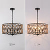 20" W 4-Light Black Drum Chandelier With Natural Rattan Shade