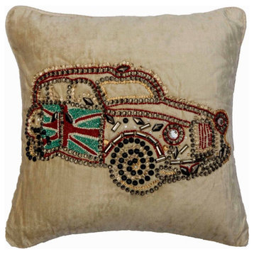 Decorative 20"x20" Car Crystal Bead Ecru Velvet Pillows For Couch-Vinatge Rider