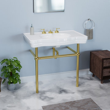 White Console Bathroom Sink Belle Epoque Porcelain with Brass Bistro Legs