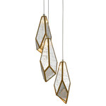 Currey & Company - Glace 3-Light Multi-Drop Pendant - The faceted shades of the Glace 3-Light Multi-Drop Pendant are made of panes of Raj mirror joined with seams of metal in a brass finish. The organic shape of the shades and the fact they hang at differing heights brings this mirrored pendant added personality that will make it a piece of jewelry in a space. This fixture is among Currey & Company's introduction of cluster lights, which includes 1-light up to 36-light configurations.