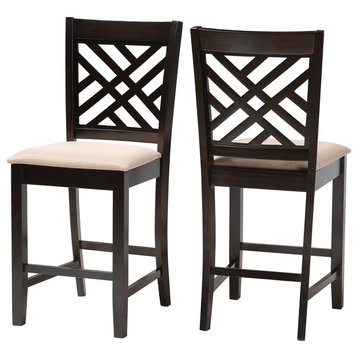 Antonia Sand Fabric Espresso Brown Finish Counter Height Pub Chairs, Set of 2