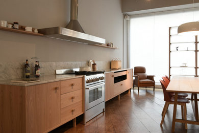 На фото: кухня в современном стиле с фасадами цвета дерева среднего тона