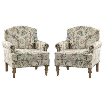 Lamber Wooden Upholstered Armchair With Camelback Set of 2, Bird