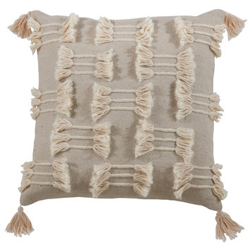 Frayed Design Cotton Poly Filled Throw Pillow, 22"x22", Natural