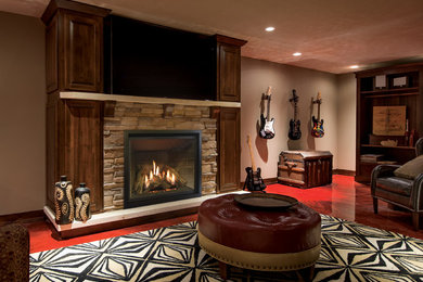 Living room - mid-sized modern formal and enclosed living room idea in Columbus with a standard fireplace, a stone fireplace and beige walls
