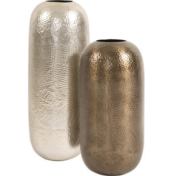 Oversized Metal Cylinder Vase With Hammered Deep Finish, Bronze, Small