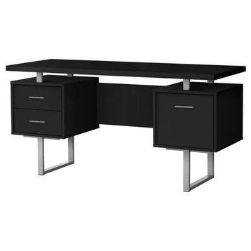 Modern Desk, Floating Top With 2 Drawers & Storage Cabinet, Black/Silver