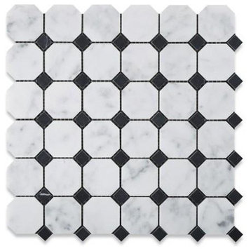 Carrara Italian White 2 Marble, Black Dots, Polished Octagon, 10 sq.ft.