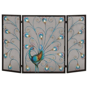 Benzara Peacock Themed Metal 3- Panel Fireplace Screen, Multicolor