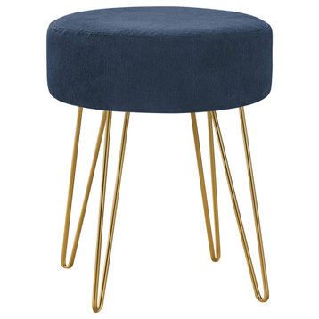Ottoman Pouf Footrest Foot Stool 14" Round Fabric Metal Legs Blue Gold