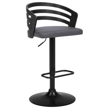 Adele Adjustable Height Swivel Gray Faux Leather and Black Wood Bar Stool