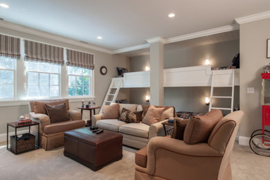 Inspiration for a large country guest carpeted and beige floor bedroom remodel in St Louis with beige walls and no fireplace