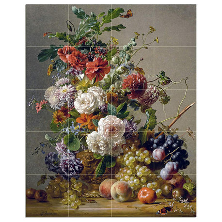 Tile Mural STILL LIFE DAHLIAS NASTURTIUMS Backsplash 6" Ceramic Glossy