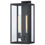 TRUE FINE - 2-Light 20.5"H Modern Black Outdoor Wall Sconce Lantern Light - Illuminate your front door or garage with this modern/contemporary candle style exterior wall mounted lantern sconce light. This wall lamp is rated for wet locations. Its well-constructed sturdy frames are made from metal in a powder-coated black finish, plus the 4 clear glass panels with a elongated shape enclosed in a black and clean framework, which complements your decor from modern to rustic, ideal for Front Porch, Patio, Garage, Deck etc. Plus, it's compatible with a dimmer switch, so you can make the most out of your lighting.