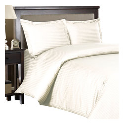 Royal Tradition - 100% Cotton 600TC Striped Duvet Cover Set, Ivory, Full/Queen - Duvet Covers And Duvet Sets