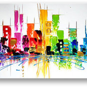 Oil Painting Abstract Modern Art on Canvas Cityscape Color City, 30x60 Inches