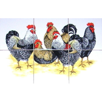 Chicken Rooster Kiln Fired Ceramic Tile Mural Black Speckled, 6-Piece Set