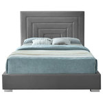 Meridian Furniture - Nora Velvet Upholstered Bed, Gray, Queen - Give your bedroom a new look in an instant with this Nora queen-size velvet bed. This sumptuously glamorous bed is just the thing for a bedroom makeover, with its rich grey velvet and neutral color palette that makes it an easy fit in your modern decor. Deep channel tufting makes this bed a standout and fast focal point in your room. Both gold and chrome legs come with the Nora bed, so you can customize its look.