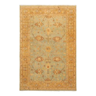 6'x9' Hand Knotted Wool Agra Oriental Area Rug, Mint, Caramel